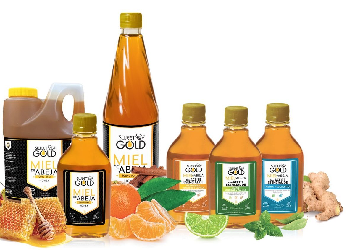 Línea de productos SweetGold: miel de abeja pura en cubeta y botella, y mieles con aceites esenciales